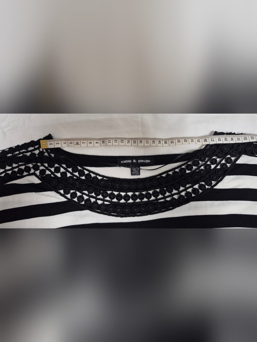 Cable & Gauge Black & White Striped Top – XL – Crochet Neckline – Stretch - Picture 5 of 7